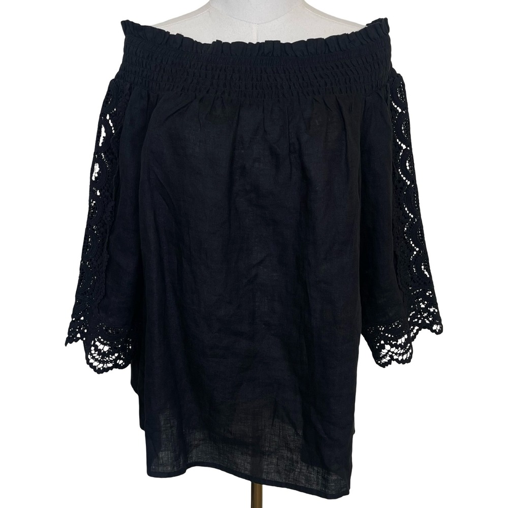Chicos Black Off The Shoulder Smocked Linen Crochet Lace‎ Trim Top 1 (M) Boho